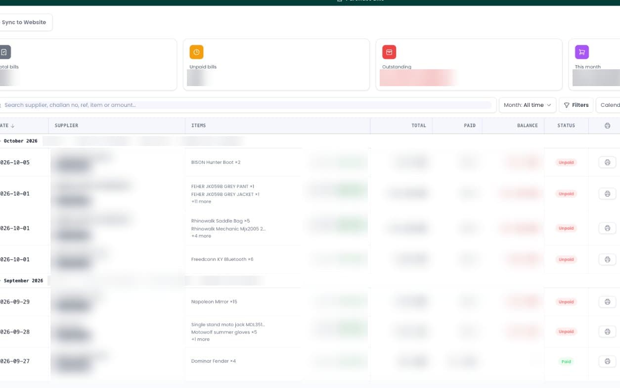 Bolts and Brains admin purchase bills list with items and paid or unpaid status; supplier names and amounts are blurred